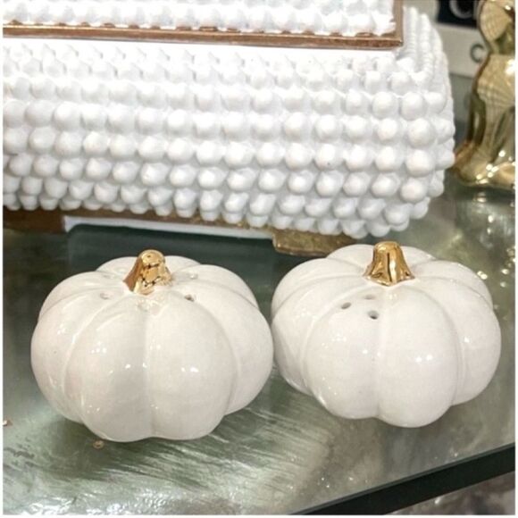 Style Me Crazy Pumpkin Salt and Pepper Shakers in White/Gold (Set of 2) - Picture 1 of 7